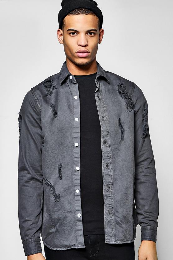 Destroyed Long Sleeve Denim Shirt